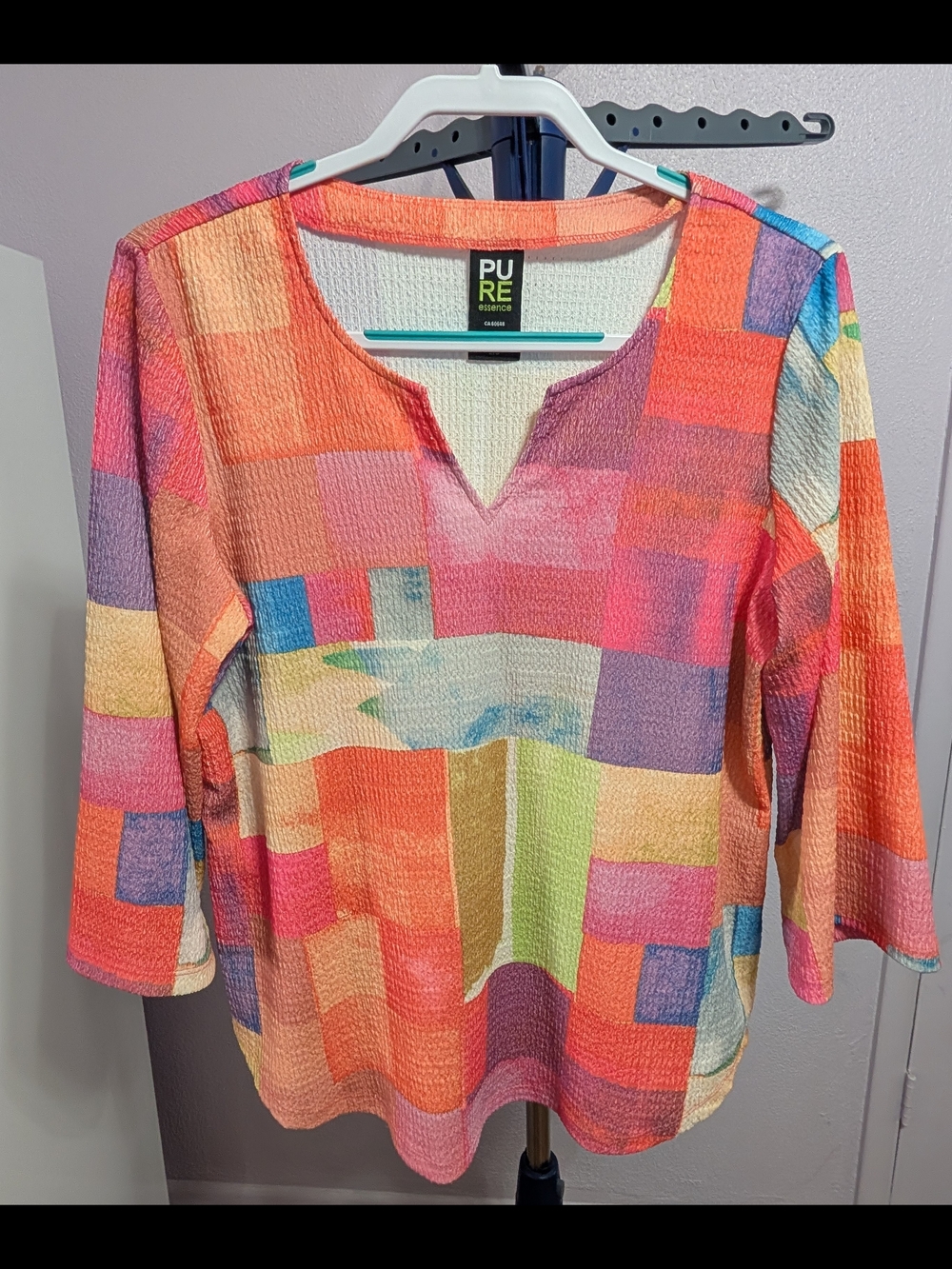 PURE Essence Multicolor Patchwork V-Notch Tunic — Coral & Pastel